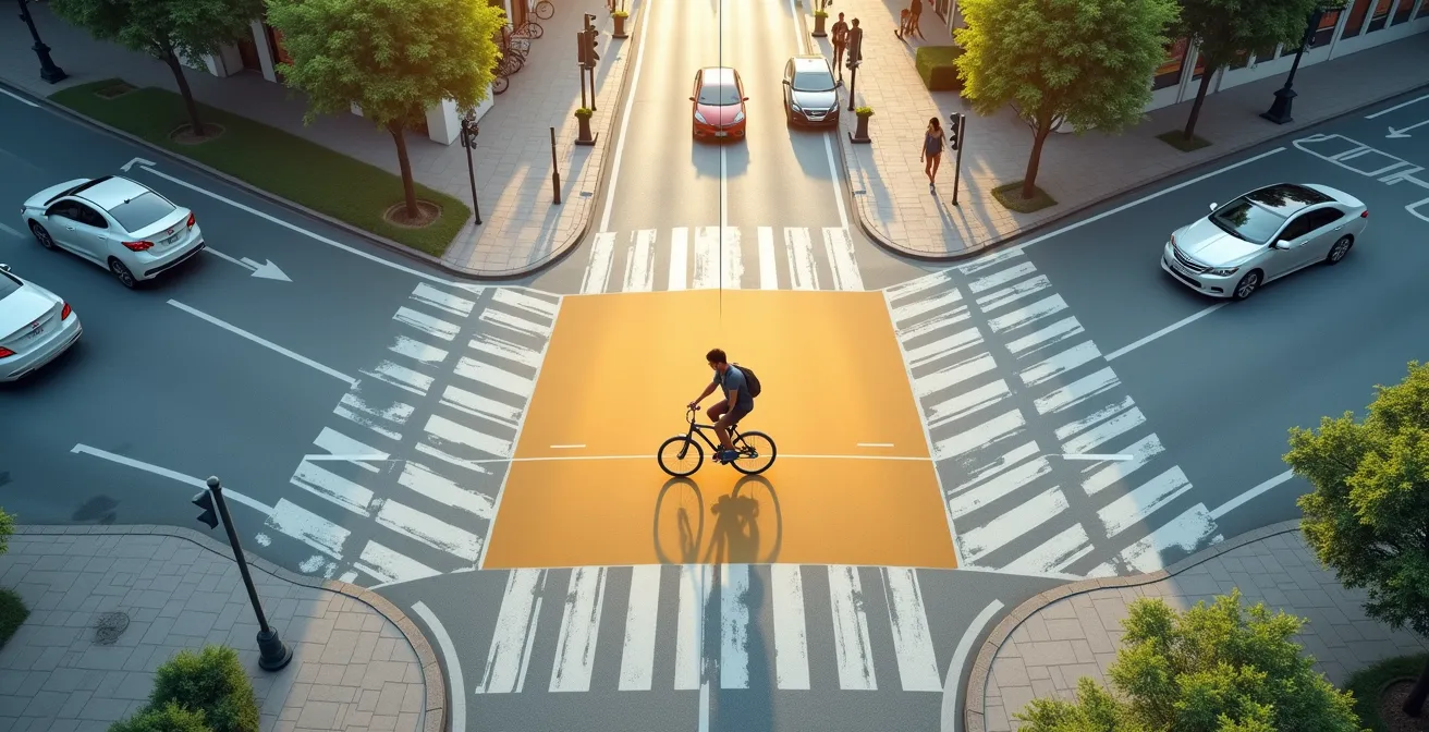 Vue aérienne d'une intersection urbaine montrant champ de vision panoramique d'une cycliste en posture droite