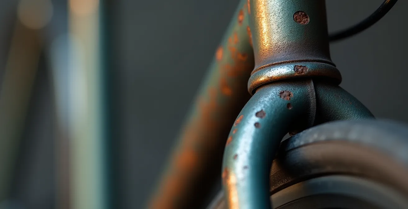 Détail macro du cadre ouvert col-de-cygne d'un vélo hollandais montrant son enjambement bas et accueillant