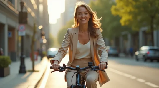 Femme à vélo hollandais électrique en ville, posture droite, confiante, circulation urbaine apaisée