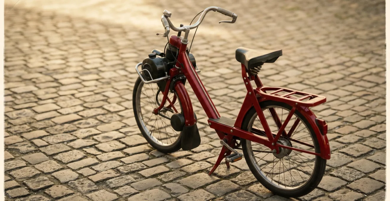 Velosolex 3800 rouge vintage stationné sur pavés, symbolisant le patrimoine technique français