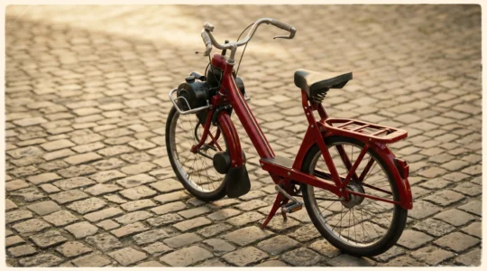 Velosolex 3800 rouge vintage stationné sur pavés, symbolisant le patrimoine technique français