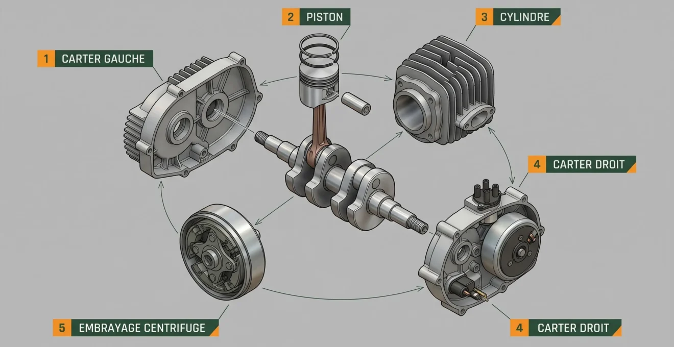 Vue éclatée des composants moteur du Solex 3800 : vilebrequin, carter et embrayage